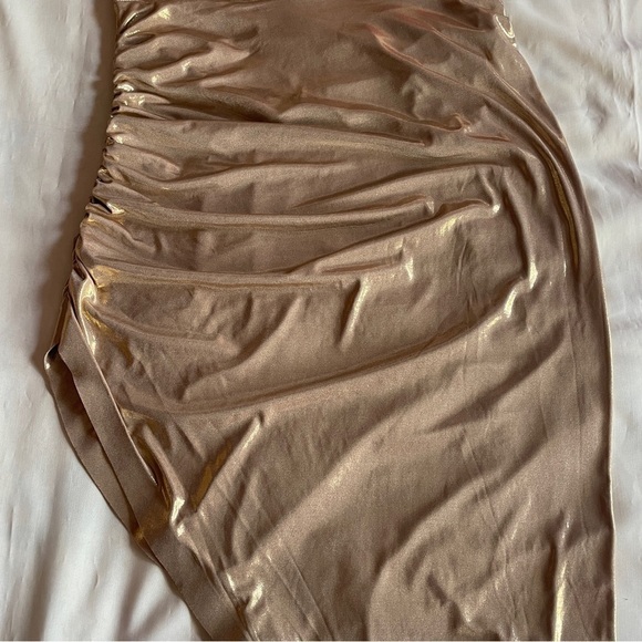 NEW! Norma Kamali- Gold Strapless Side Drape Gown Size XL Cocktail Dress Stretch - Picture 7 of 9